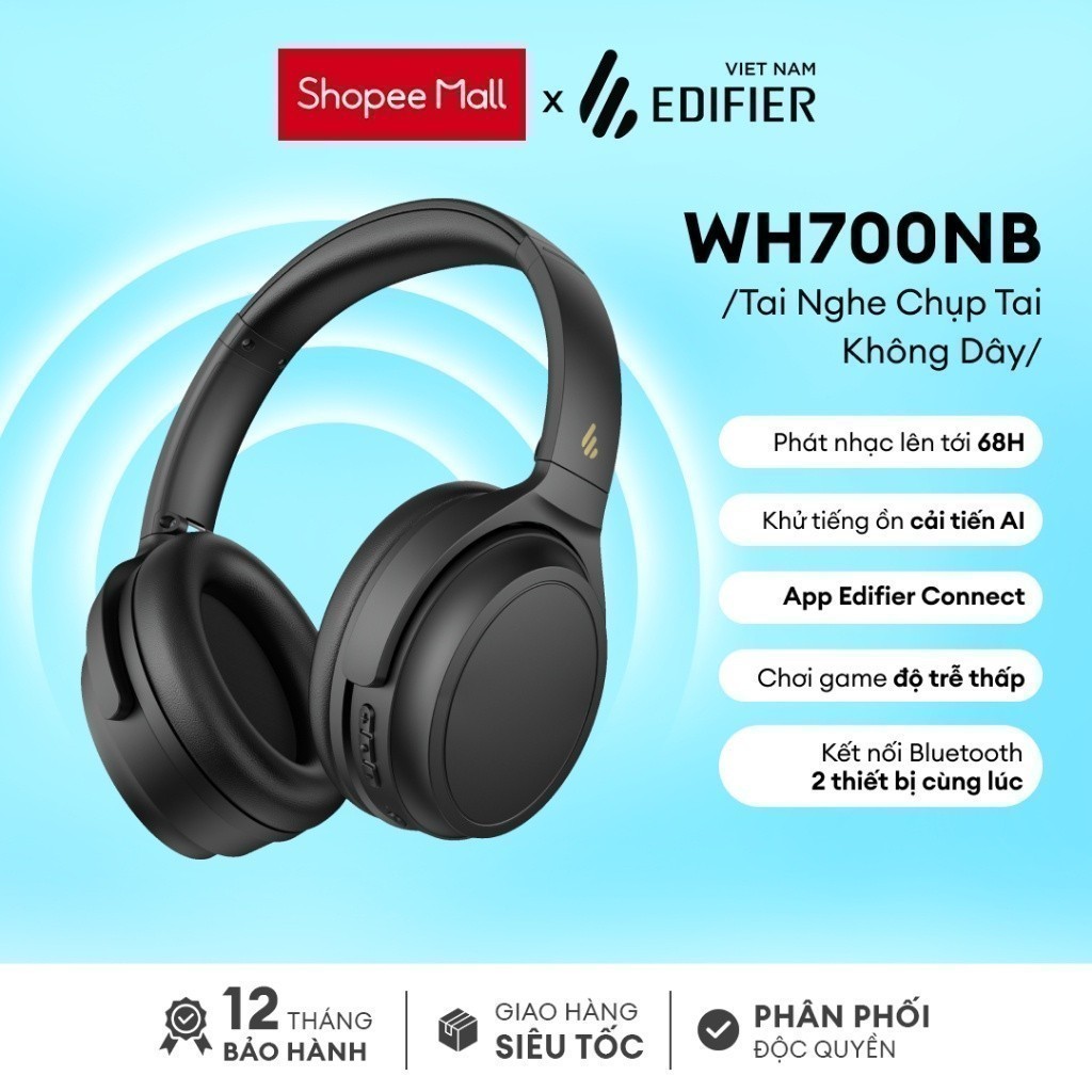 Tai nghe chụp tai chống ồn không dây EDIFIER WH700NB | Phát nhạc lên tới 68H | Khử tiếng ồn môi trường | BH 12 tháng