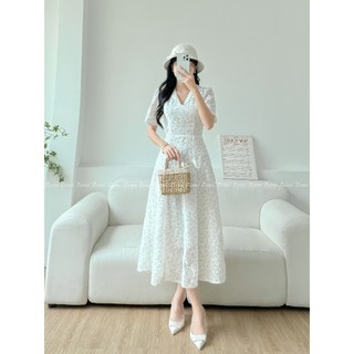 Đầm công sở ngắn tay thiết kế cổ vest vải 2 lớp thêu hoa nhũ sang trọng thanh lịch ZOMI Z047