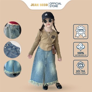 Chân váy jeans cạp chun dành JEANBECO, Váy jean cho bé gái xẻ trước tua rua gấu Hàn quốc CH006