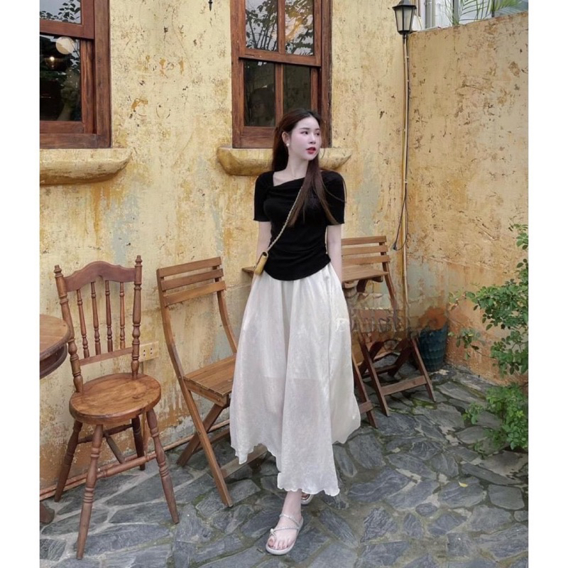 Hion Store - Set áo thun đen + cv midi nude voan tơ