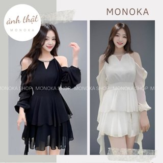 Váy tiểu thư voan tơ hở vai đính ngọc dáng xòe 2 tầng Đầm dự tiệc ăn cưới bánh bèo tay dài bồng trong T90G MONOKA SHOP