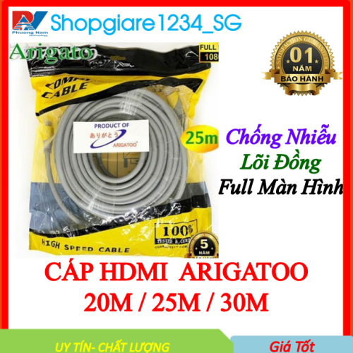 Cáp HDMI ARIGATO 20m 25m 30m lõi đồng HDTV 4K*2K (19+1) - Dây HDMI To HDMI tròn chuẩn FULL HD 1080p
