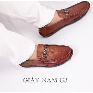 Giày da bò dập vân cá sấu đai thép shoes nam màu nâu