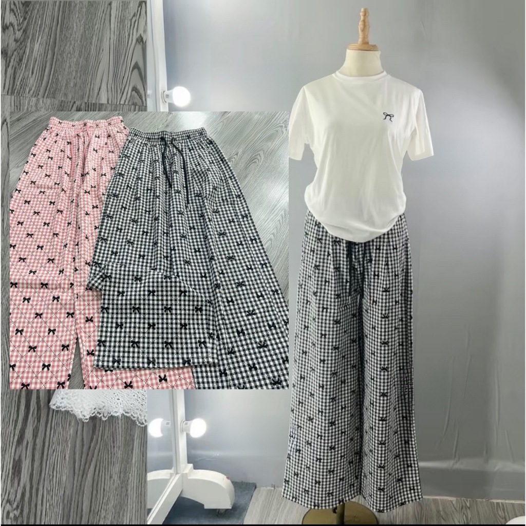 Quần Ống Suông, Quần Ống Rộng Lưng Cao Chất Liệu Thô Mềm, Hoạ Tiết Kẻ Caro In Hình Nơ Xinh Xắn