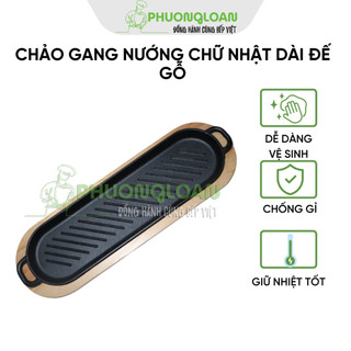 Chảo gang nướng chữ nhật dài đế gỗ dùng bò né nướng thịt mặt kẻ