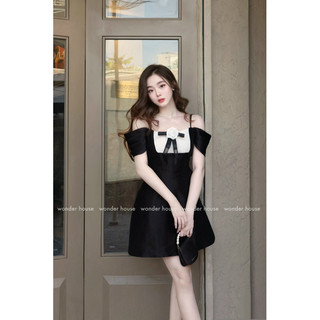 Wonderhouse Ther Dress đầm trễ vai phối trắng dáng A dự tiệc dạo phố nữ tính
