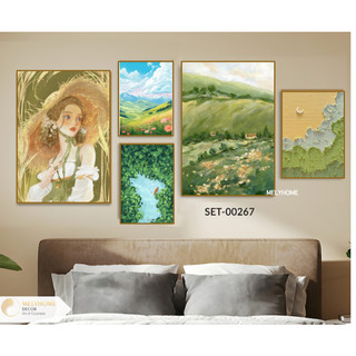 Bộ 5 Tranh Treo Tường Canvas Tráng Gương Cô Gái Dễ Thương Phong Cảnh Healing Mùa hè Trang Trí Phòng Khách Ngủ Decor