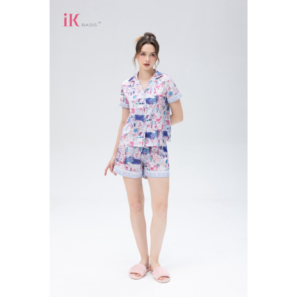 Set pijama iK lụa luxury cao cấp, họa tiết hình độc đáo sang chảnh, kiểu áo cộc quần đùi, chất mềm m
