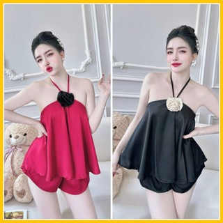 Bộ ngủ nữ bộ áo yếm dây cột, chất lụa latin trơn phom xòe đính hoa hồng sau bo chun - linhnguyenshop