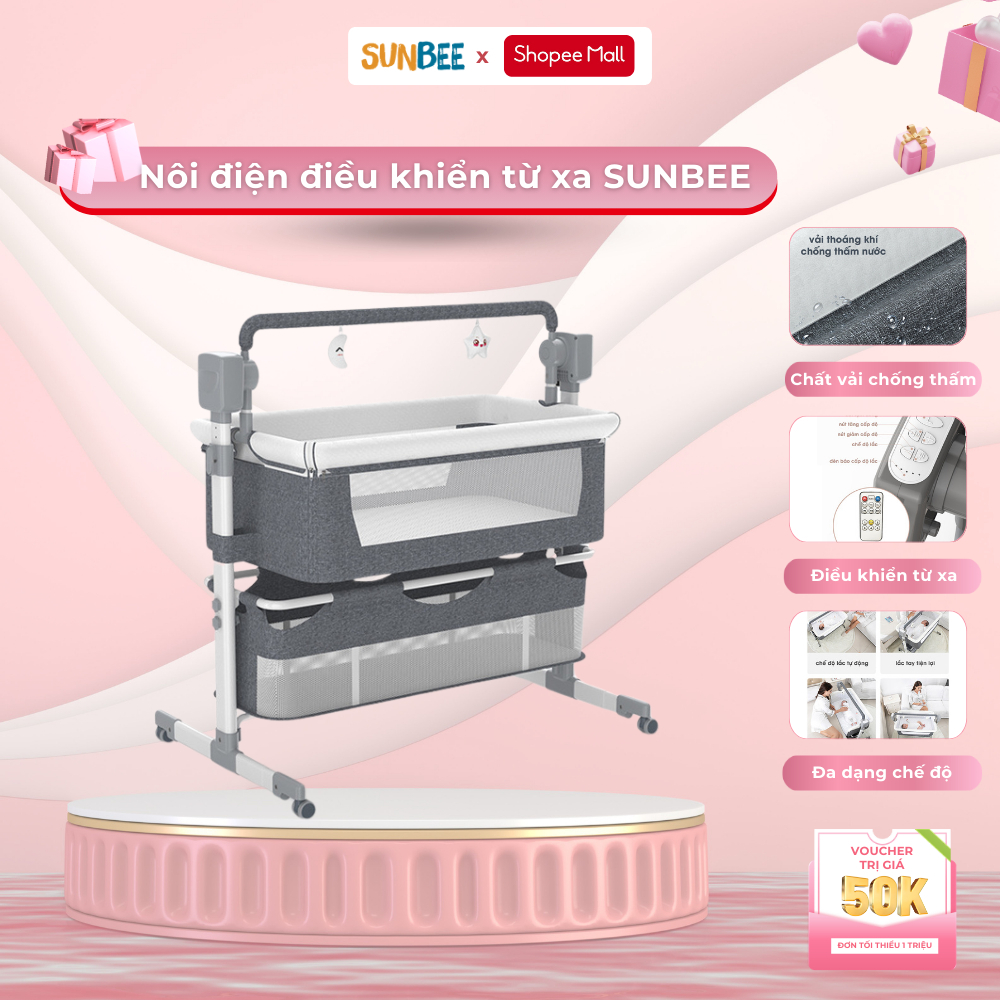 Nôi điện tự động MUMKID cao cấp tùy chỉnh độ cao, ghép liền giường tặng kèm màn - Bảo hành 3 năm