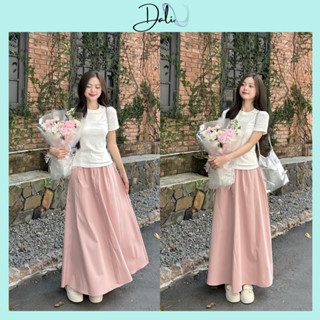 Set Váy Vintage 2 Món Gồm Áo Thun Babytee Chất Thun Gân Co Dãn + Chân Váy Dáng Dài Chất Liệu Thô
