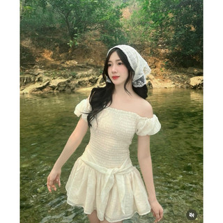 [ẢNH THẬT] Váy/Đầm Trễ Vai Bo Chun Nhún Thắt Nơ Chiết Eo Hack Eo, Váy Đi Chơi Dáng Xòe Tặng Turban