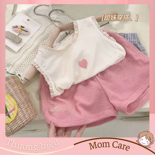 TT415 Bộ quần áo phối ren thêu tim chất liệu QC - MOMCARE