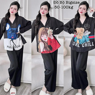 Đồ Bộ Bigsize - Đồ Ngủ Mặc Nhà Pijama Bigsize Lụa Mango Tay Dài in 5D Cao Cấp Xinh Xắn 50-100kg