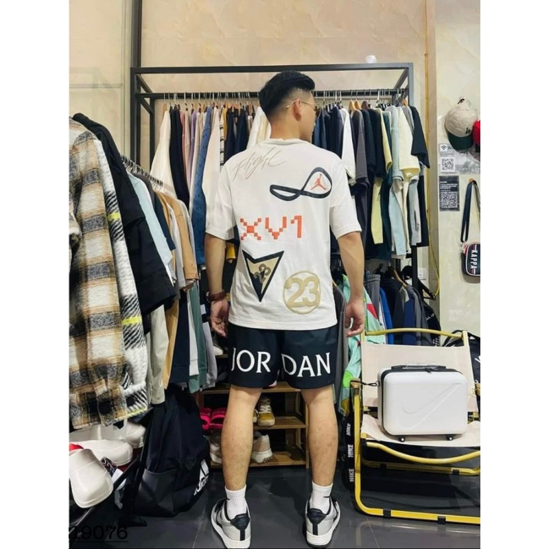 Bộ đồ thể thao nam mặc hè JD cotton 4 chiều thêu logo ngực phối in hoạ tiết chữ Flight 23 lưng BH134P