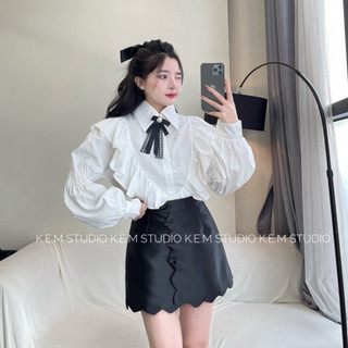 Áo sơ mi bèo tay dài phối chân váy tafta (có tách set ) tặng kèm nơ /Shyncloset