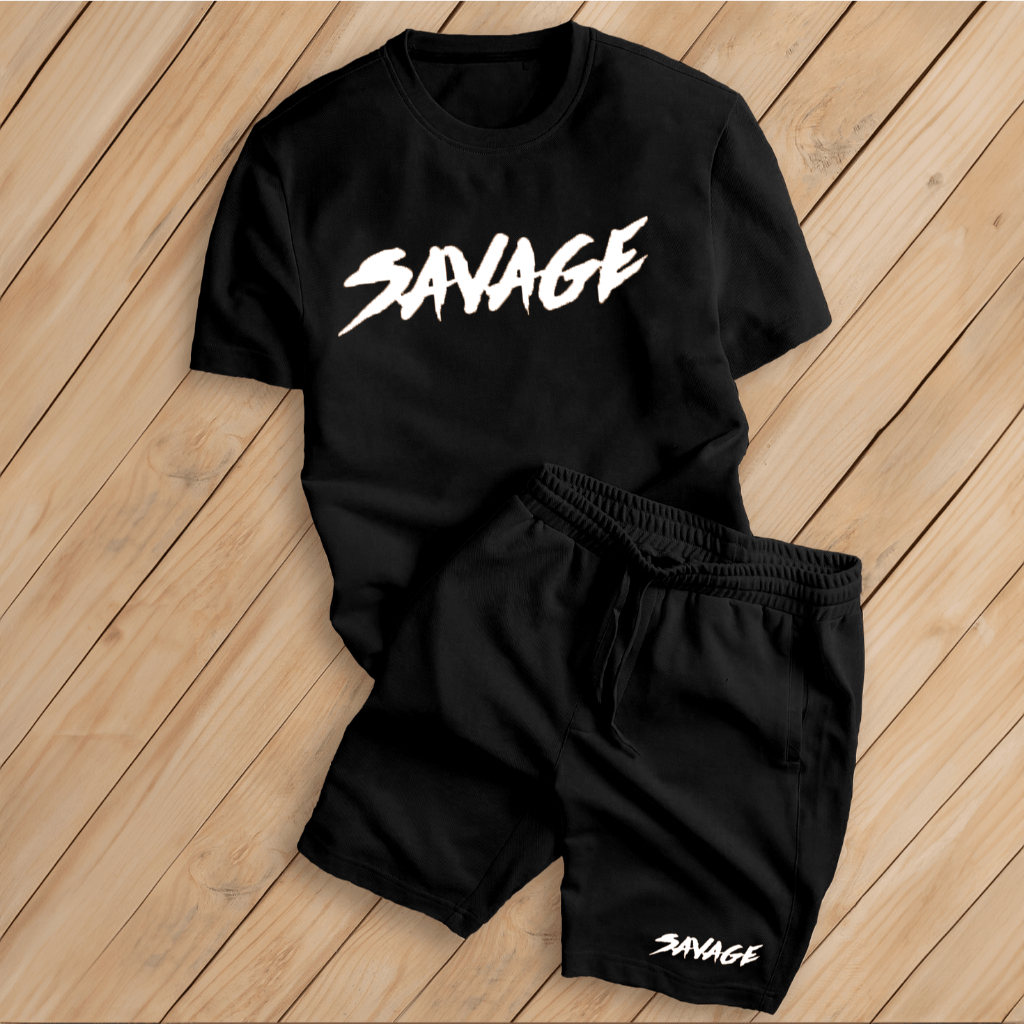 Bộ Quần Áo Nam Nữ Form Rộng Tay Lửng Họa Tiết Savage Chất Cotton