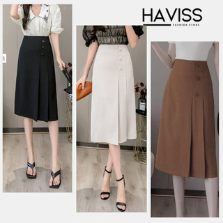 Chân váy chữ A Haviss chân váy công sở dáng dài, cạp xếp ly một bên đính cúc giả thiết kế độc đáo thanh lịch trẻ trung