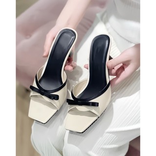 Giày dép cao gót Nơ gót mảnh 6P và 7.5P phối màu Đơn giản, nhẹ nhàng. thanh lịch Giày Bánh Bèo