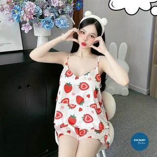 Bộ ngủ 2 dây mặc nhà quần đùi Kim Ruby Fashion chất lụa latin cao cấp mềm mượt thoáng mát không nhăn co giãn nhẹ