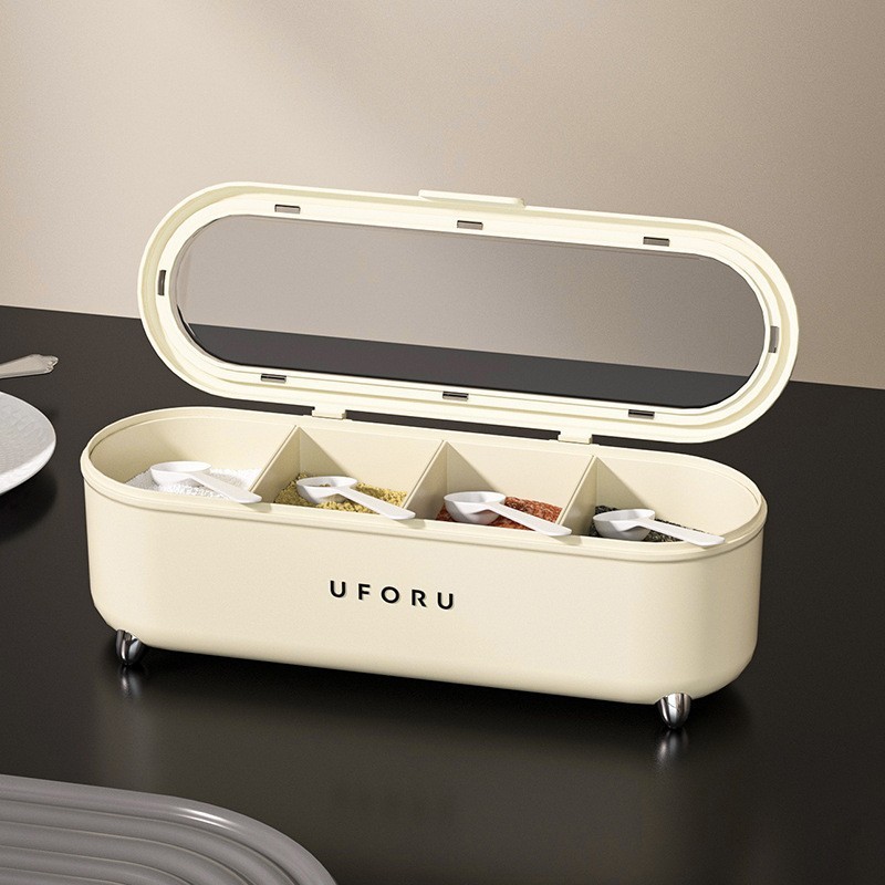 Hộp nhựa đựng gia vị UFORU, khay nhựa đựng gia vị 4 ngăn có nắp đậy thông minh chống tràn - Tặng kèm thìa nhựa tiện dụng