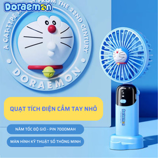 Quạt tích điện cầm tay nhỏ DORAEMON, năm tốc độ gió, màn hình thông minh kèm dây đeo, pin 7000mah