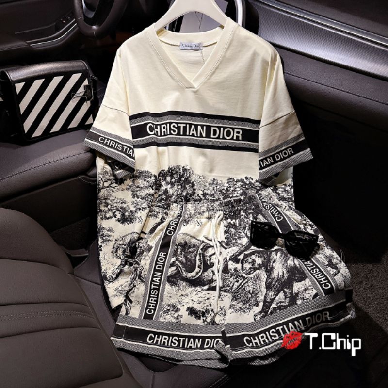 Sét bộ cotton cổ tim hoạ tiết