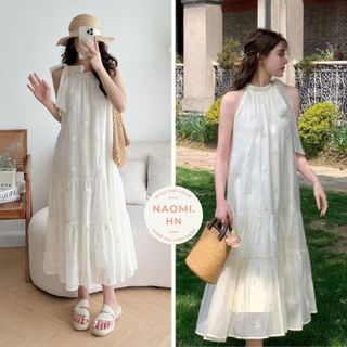 Váy ren hoa nổi dáng dài xòe cổ yếm buộc nơ cạnh. Đầm Maxi cổ yếm dáng xòe 3 tầng thêu hoa nổi buộc nơ sang chảnh