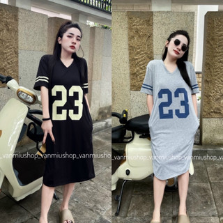 Đầm suông nữ - váy suông chất cotton in số 23 cổ tim dáng rộng vanmiushop