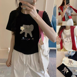 Áo thun ngắn tay mùa hè mới phong cách Hàn Quốc cổ tròn dáng rộng thường ngày Áo thun chui đầu đa năng in hình voi