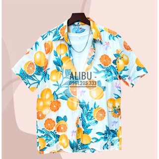 Áo sơ mi họa tiết cam lụa - shop bốn mùa