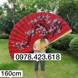 [160cm] Quạt treo tường hoa đào đỏ cổ trang-Quạt hoa đào to trang trí Tết, hội nghị,khách sạn,decor studio chụp ảnh