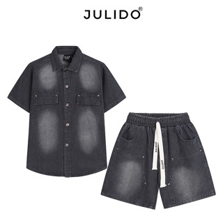 Bộ sơ mi denim trơn khuy cài JULIDO ( Áo + Quần ), form dáng rộng thanh lịch, phong cách, thời trang nam tay ngắn
