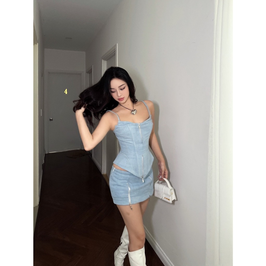 [Thanh Lý] LSEOUL Alita Set - Set Áo 2 Dây Corset + Chân Váy Cạp Trễ Khóa Zip Chất Denim Cá Tính