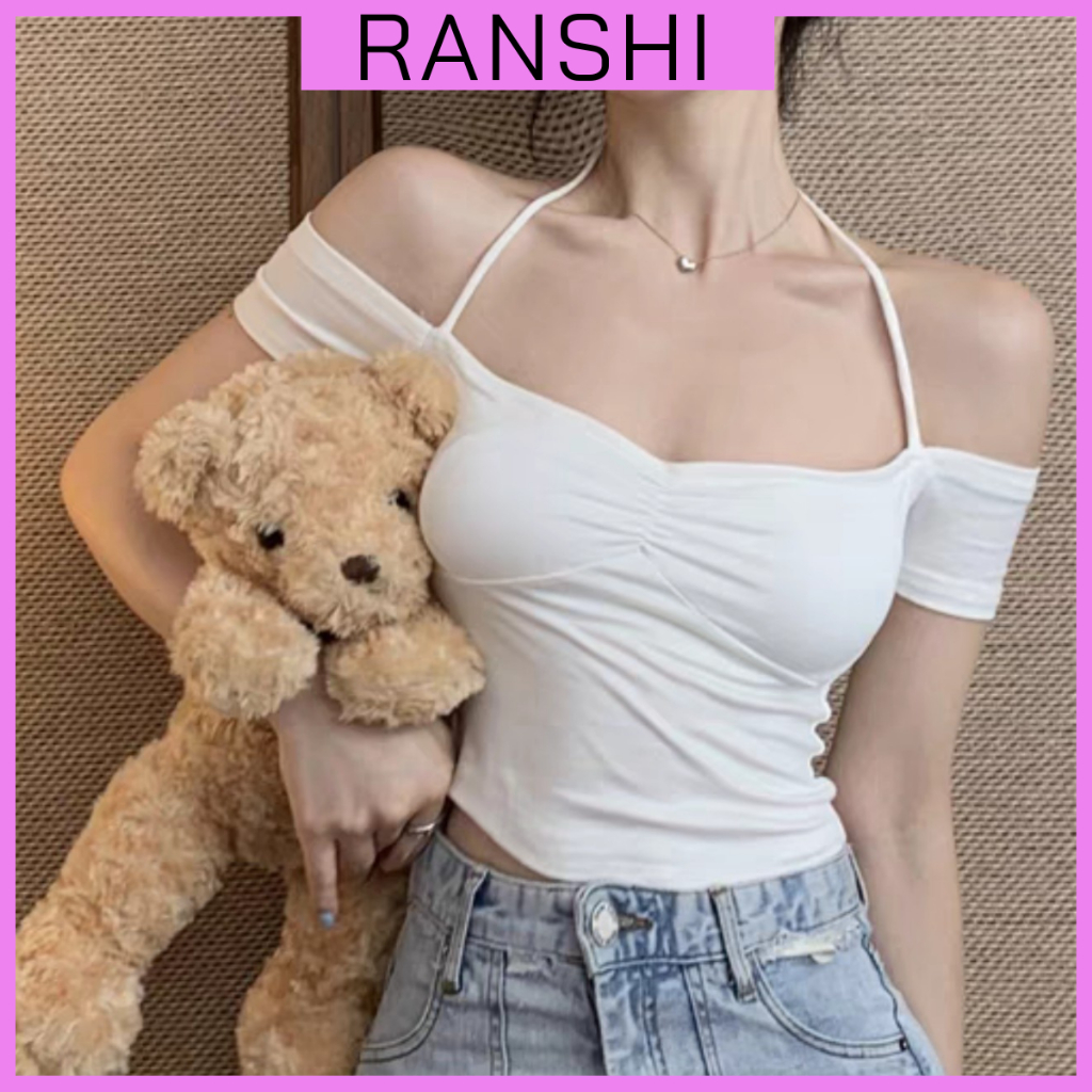 Áo Croptop Trễ Vai RANSHI Thiết Kế Cổ Yếm Nhún Ngực Óm Sát Body Tôn Dáng Chất Thun Cotton Mềm Mát - RA226