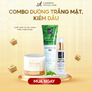 Combo dưỡng trắng mặt, kiềm dầu, thải độc da A cosmetics, kem face pháp, sữa rửa mặt trà xanh x2, detox bọt biển 190g