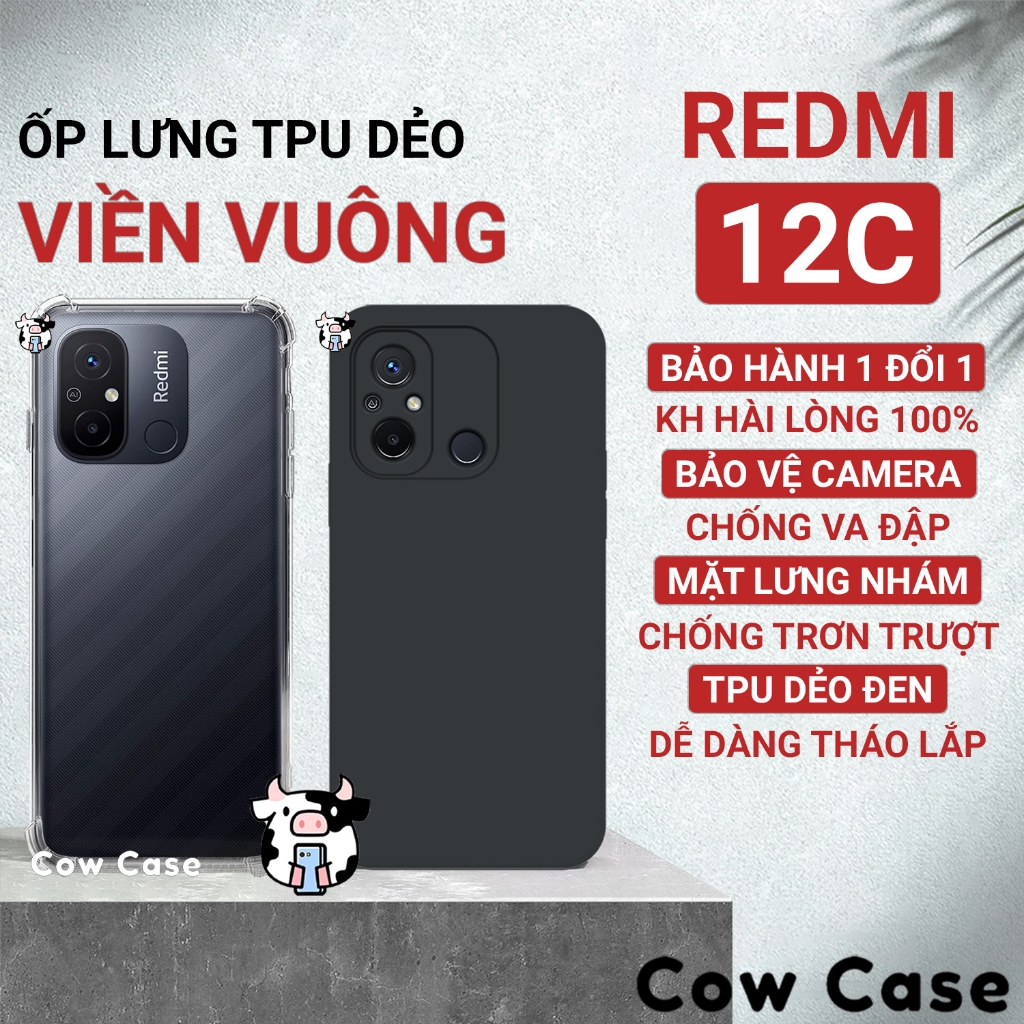Ốp lưng Redmi 12c cạnh vuông Cowcase | Vỏ điện thoại Xiaomi bảo vệ camera toàn diện TRON