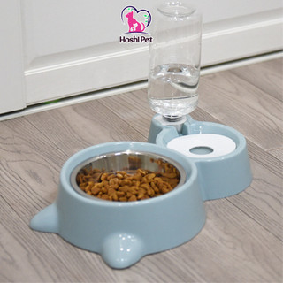 Bát ăn chó mèo 2 ngăn có chén thức ăn inox và bình nước uống tự động cho chó mèo Hoshi Pet BA01
