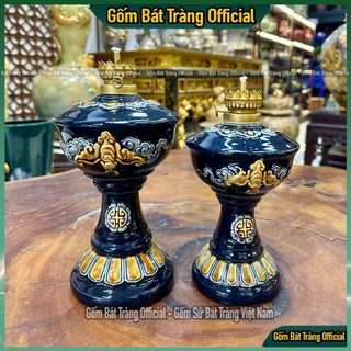 Đèn dầu men xanh coban đắp nổi bát tràng, đèn dầu thắp ban thờ, đèn dầu châm hương