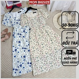 Váy bigsize nữ đầm dự tiệc đi chơi kiểu cổ vuông xếp ly ngực vải xốp mềm mịn MON big size 50 - 90kg