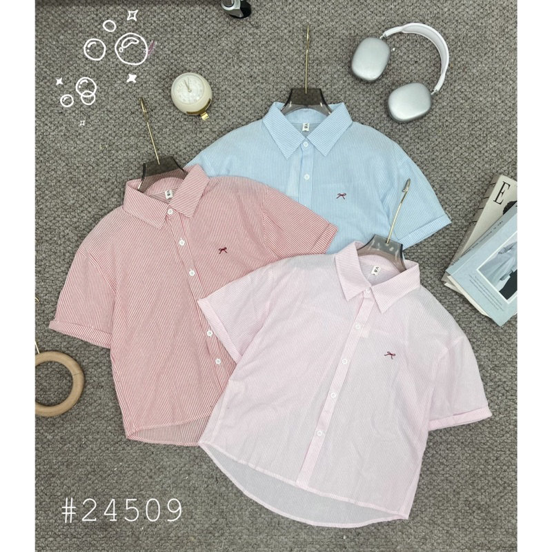 Sơ Mi Kẻ Cộc Thêu Nơ 24509