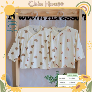 Combo 5 áo dài tay thun lạnh cho bé sơ sinh, áo dài tay vạt lệch thun lạnh nền kem hoạ tiết đáng yêu cho bé mềm mịn mát