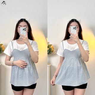 Áo yếm bầu caro thiết kế babydoll công sở cộc tay chất mền mịn thoáng mát