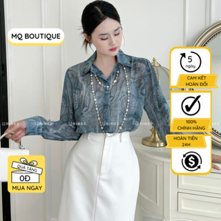 Áo tơ đính đá sơ mi nữ dài tay cao cấp công sở họa tiết vệt nền xanh sang mềm , áo sơ mi họa tiết thiết kế MQ Boutique