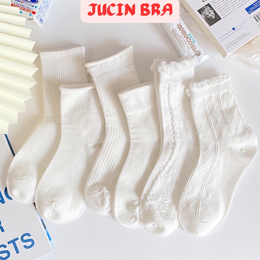 Tất nữ JUCIN cổ cao họa tiết trắng tinh khôi vớ nữ cổ cao nhiều mẫu T789