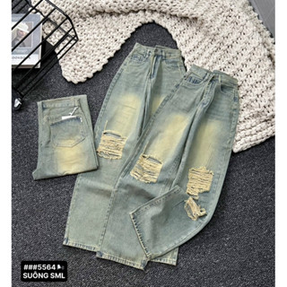 Quần jean nữ ống rộng dáng suông dài wash rách 2 gối j5564-jean m7