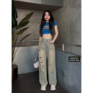 Quần jean nữ ống rộng dáng suông dài wash rách dài 2 gối loang màu J5580 -Jean m7
