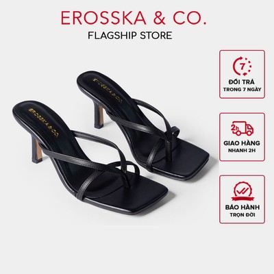 Erosska - Dép cao gót nữ mũi vuông xỏ ngón phối dây mảnh cao 7cm màu đen ver 2 - EM060
