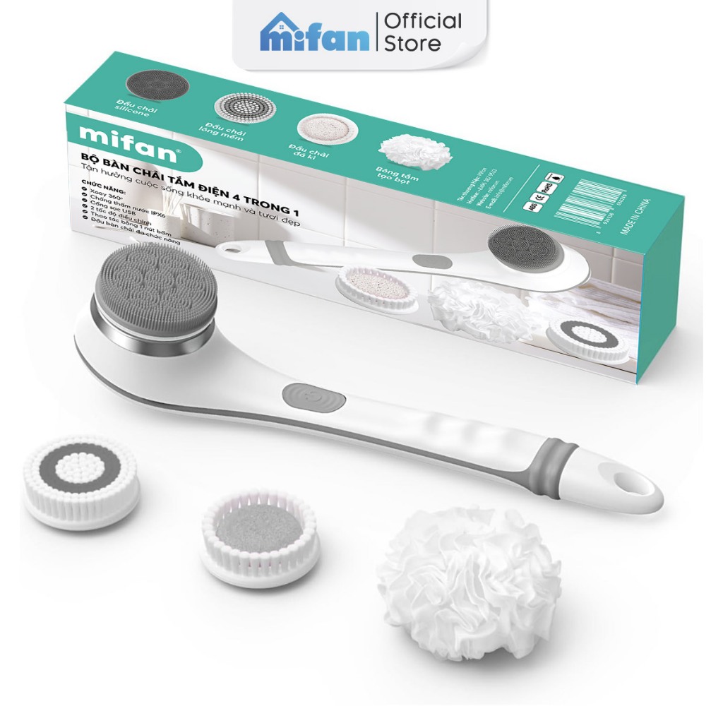 Bàn Chải Tắm Điện Tự Động MIFAN - Kèm 4 đầu đá kỳ bông cọ chà lưng