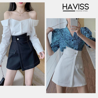 Quần short giả váy nữ Haviss cạp cao đính túi giả vạt lệch viền chỉ nổi phong cách năng động cá tính thời trang Hàn Quốc
